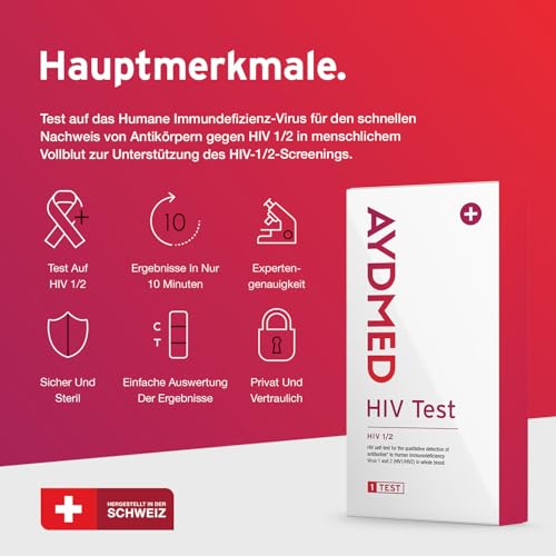 AYDMED HIV Quick Test Kit | HIV Self Test | Human Immunodeficiency Virus Test | Results in 10 Minutes | HIV Test Home Kit for Self Tests for Blood Test for HIV 1/2 | 99.6% Accuracy 1 Packung