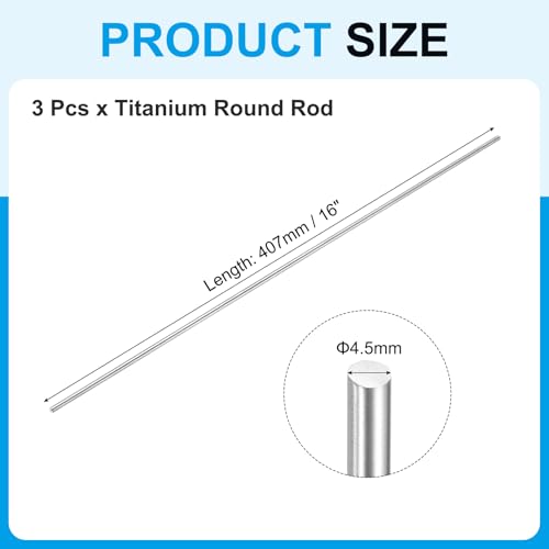 uxcell GR5 titanium round rods, 4.5mm (3/16 inch) diameter, 16-inch solid metal rods, 3-piece set