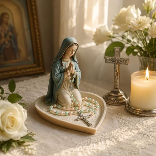 Blessed Mother Mary Statue - 5 Inches Virgin Mary Statue Elegant Home Decor, Saint Mary and Cross Necklace Chain Figurines for Office Desk, Bookshelf, Indoor Decorations Rosary-mary