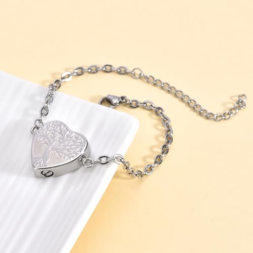 RIPFEVURN Heart Tree of Life Cremation Jewelry Urn Bracelet for Ashes for Women Memorial Ashes Keepsake Link Bracelet Silver