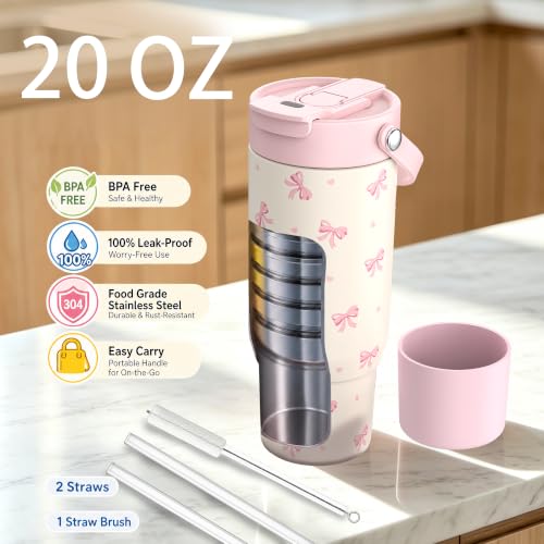 Kids Insulated Tumbler with Lid & Straw, 20 Oz Water Bottle Bow Heart + Strawberry 2