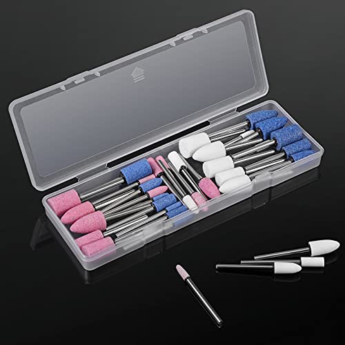 36 Pieces Shaft Abrasive Mounted Stone Disc Head Mounting Points Sanding Pins Set Sanding Discs Pieces with Plastic Box, 1/8 Inch Shank, 3 Colours, 2 Shapes, 6 Sizes