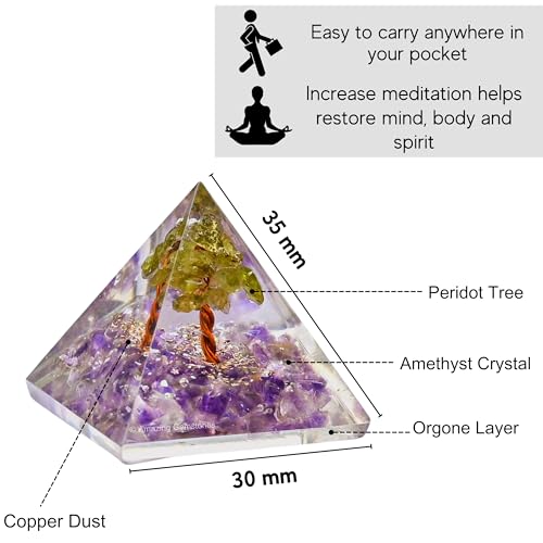Amazing Gemstone Amethyst with Peridot Tree Orgone Pyramid - 30mm Small Orgonite Pyramids with Crystals and Healing Stones - Authentic Organite Gifts Orgonite Pyramid - 30mm