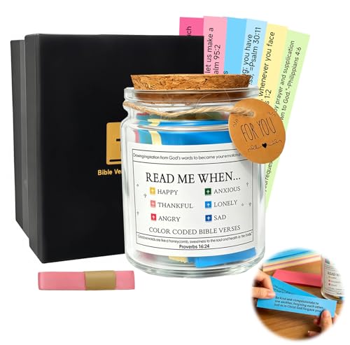 Bible Verses Jar Glass – Read Me When Inspirational Scripture Cards (90 Verses) in English, Colour-Coded Emotional Categories, Christian Gift for Women & Men, Easter Religious Encouragement Gift