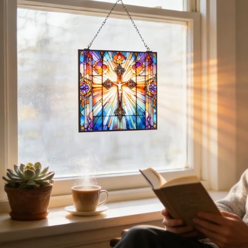Stained Glass Cross Suncatcher Christian Stained Glass Windows Panel Jesus Cross Gift for Religious Easter Faith Christian Gifts Religious Home Decor I
