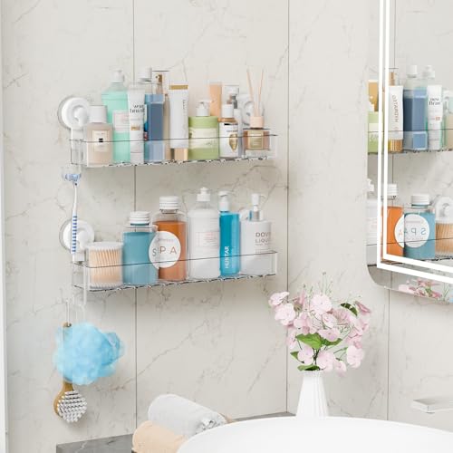 Clear 2 Pack Acrylic Shower Caddy Suction Cup,No Rust Bathroom Organizers and Storage Holder,Plastic Wall Mounted Shower Shelves,Bathtub Storage Organizer,Shampoo and Conditioner Holder for Washroom Clear