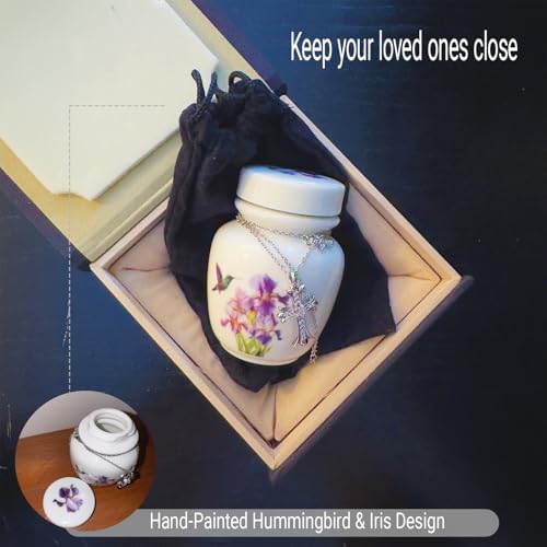 Mini Cremation Urn with Hummingbird and Iris Flower Design, White Ceramic Memorial Keepsake with Cross Necklace