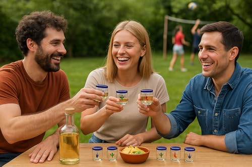 Corazón Bonito Handblown Tequila Shot Glass with Blue Cobalt Rim, Hand-Crafted Mexican Design Cactus, Agave and Chile, Set of 6 (2 oz each)