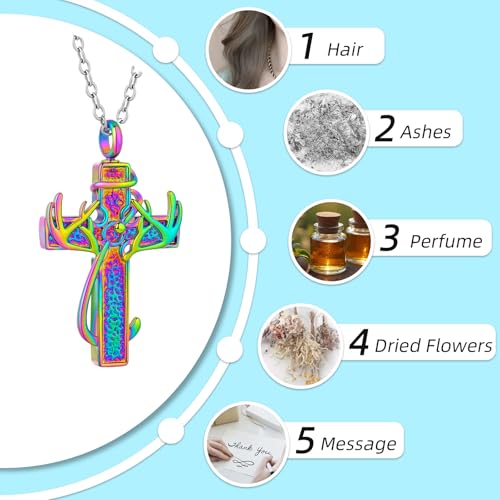 Antler & Fish Hook Cross Cremation Jewelry Urn Necklace Stainless Steel Design Memorial Keepsake for Ashes Cross Ashes Holder Keepsake Loved One Memorial Jewelry Colorful