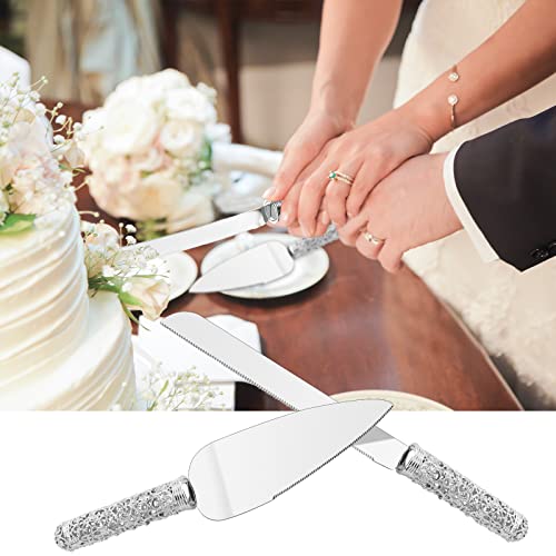 Wedding Silver Cake Knife and Server Set - 2 Pcs Dessert Set Metal Handle with Crystal Stones Decoration for Wedding, Anniversary Party Birthday Banquets, Gifts for Bride and Groom A SILVER