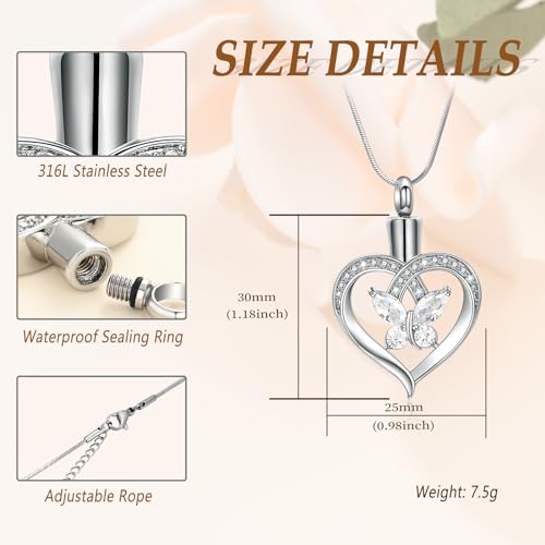 Minicremation Cremation Jewelry Heart Urn Necklace Ashes for Women infinitely Cremation jewellery Birthstone Locket Crystals Ash Loved One Memorial Pendant Butterfly-Silver