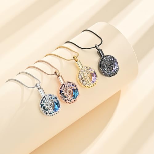 Tree of Life Circle Cremation Urn Necklace for Ashes Stainless Steel Memorial Ashes Keepsake Pendant with Cat Paw Detail for Women & Men Silver