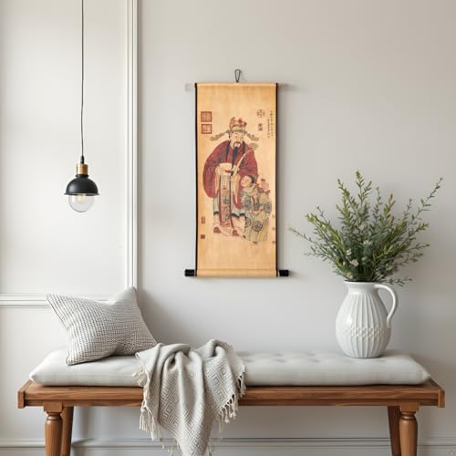 Feng Shui Wall Poster Prints Janpanese Style Painting,Fukurokuju Mythology Chinese Taoism Masterpieces Reproduction Fortune 33x17 Inch (Brown Red) Brown Red