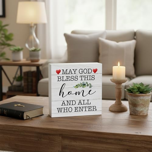 Bless This Home Sign | Bible Verse Decor Wooden Box Sign 5x5 Inch | Blessed Christian Table Accent | Rustic Farmhouse Religious Wooden Decoration-B07 Bless This Home