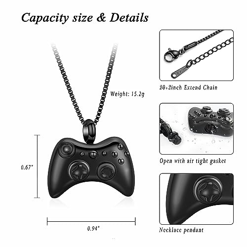 XSMZB Cremation Jewelry Game Controller Urn Necklace for Ashes Stainless Steel Gamepad Memorial Pendant Loved Ones Ashes Holder Keepsake for Men Boy Black
