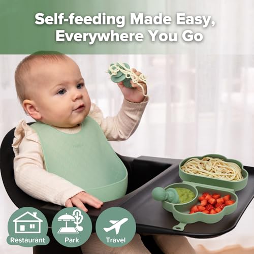 Haakaa silicone baby travel feeding set with foldable suction plate, suitable for babies 6 months and older, featuring flatware utensils.