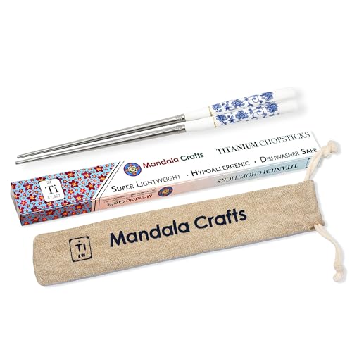 Set of four Mandala Crafts floral reusable titanium chopsticks with case, showcasing sleek, durable and eco-friendly dining utensils.