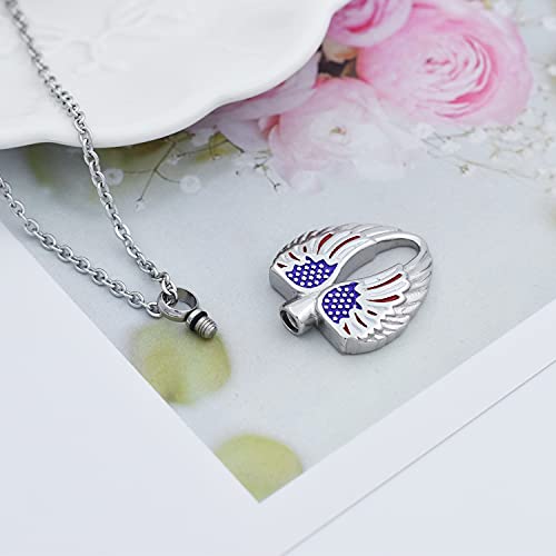 Angel Wings Feather Heart with American Flag Cremation Pendant Jewelry for Human Ashes Urn Holder Keepsake Jewellery Silver