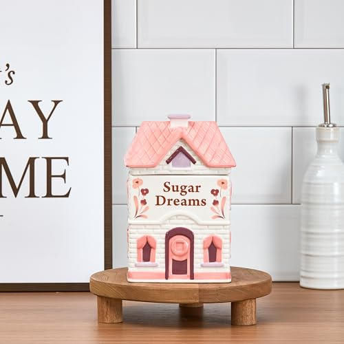 Bico Spice Cottages 7.5-Inch Pink Ceramic Cookie Jar, Hand-Painted House-Shaped Airtight Container for Cookies, Treats & Snacks