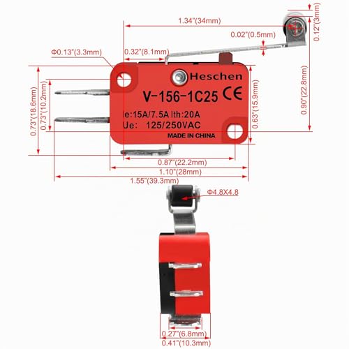 Heschen Micro Switch Long Roller Lever Toggle Switch 20A 250VAC 2 Pack V-156-1C25 Roller Lever