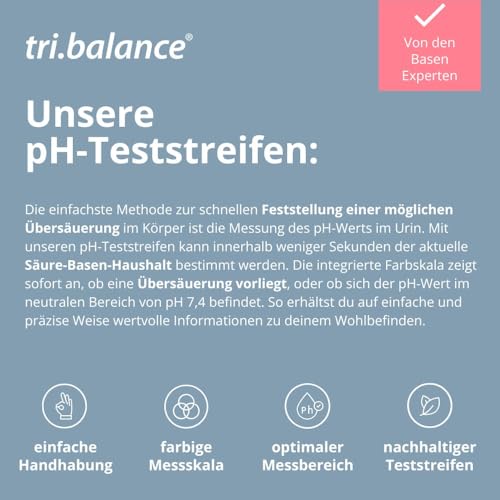 tri. Balance pH Test Strips Pack of 99 | Measuring Range 5.6 – 8.0 pH | for Urine or Water pH measurement to Control the Acid/Alkaline Balance | Colour scale in 0.2 pH increments, reading after 5-60 seconds, for water and other liquids, made in Germany