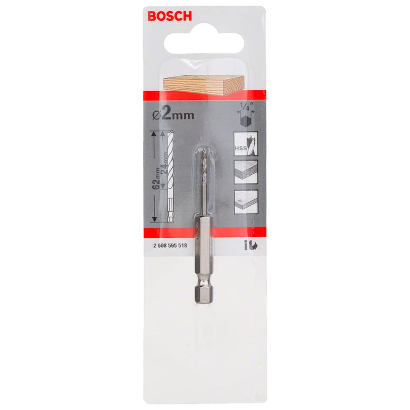 [Australia - AusPower] - Bosch 2608595518 HEX Shank Wood Twist Drill Bit, Silver, 2 x 62 mm Durchmesser: 2/Gesamtlänge in mm: 62 