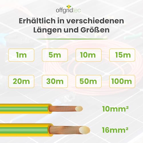 Offgridtec H07V-K Earth Cable 16 mm² 450/750 V (Green/Yellow, 5 m) | Fine-stranded copper conductor, flame retardant XLPO/PVC insulation, HAR certified, for fixed installation, high flexibility 5 metres Green-yellow wire (16 mm²)