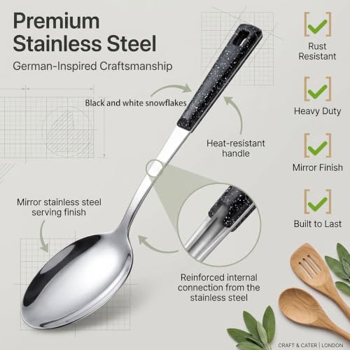 Set of 10 stainless steel metal serving utensils from HAPPY KIT, including spoons, tongs, and serving forks for dining and entertaining.