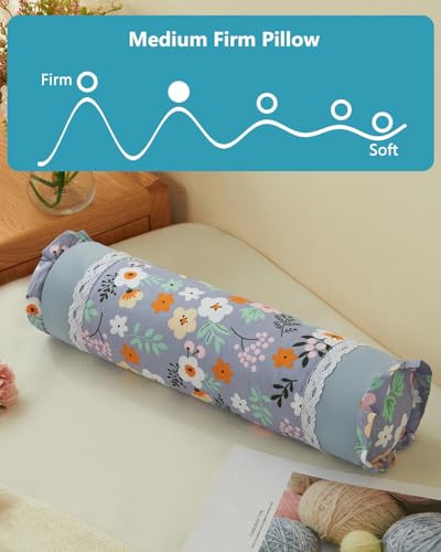 Buckwheat Neck Roll Pillow,15.7"x4.7" Adjustable Hard Cooling Cylinder Neck Support for Sleeping, Yoga Meditation, Removable Soft Floral Pillow Covers, Ergonomic Bolster Pillow for Bed, Blue Flower Flower-blue
