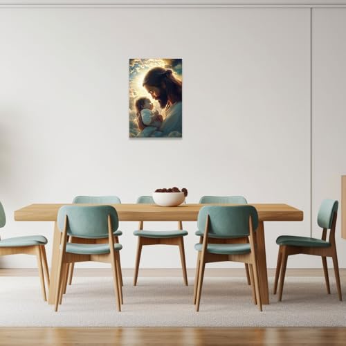 CCWORKERRY Jesus Christ Holding Baby Wall Art Christian Faith Canvas Prints Religion Picture Wall Decor God Painting Church Bedroom Decor Frame(Green,16L x 24W) Green 16L" x 24W"