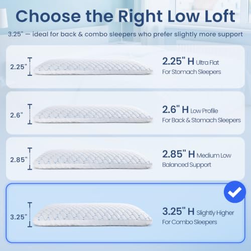 3.25" Ultra Thin Memory Foam Pillow with Cool-to-Touch Cover, Low Profile Flat Bed Pillow for Back & Stomach Sleepers, Standard Size 3.25'' Low Profile - Low+