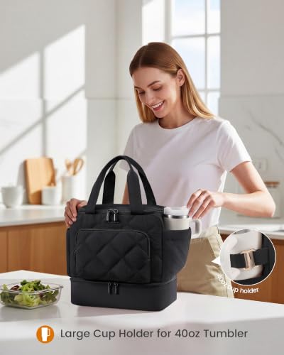 LOVEVOOK Insulated Lunch Bags for Women, Double Deck Adult Lunch Box, Quilted Puffer lunch Bag Women, Wide Opening, Durable & Reusable Large Lunch Cooler For Work Picnic Travel Meal Teacher