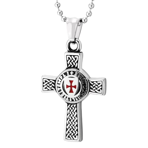 COOLSTEELANDBEYOND Men's Stainless Steel Knights Templar Cross Necklace, Crusader Red Enamel Pendant, Celtic Knotwork Jewelry, Masculine Medieval Religious Gift for Him