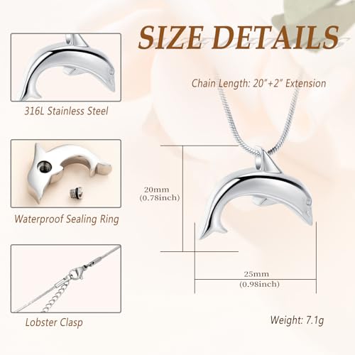 Minicremation Dolphin Shape Cremation Jewelry Necklace for Ashes Stainless Steel Ashes Holder Memorial Jewelry Keepsake Urn Pendant +fill kit Silver
