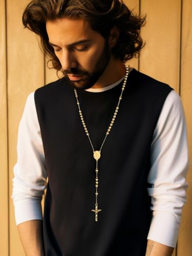 FaithHeart Rosary Beads Catholic Necklace for Men, St Michael/St Christopher/Virgin Mary Prayer Rosaries with Crucifix Cross Stainless Steel Praying Rosary Necklace Saint Michael-Gold Steel Bead