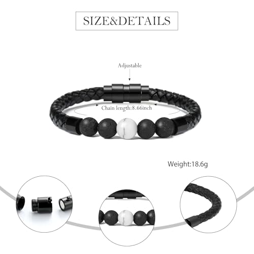 Lava Stone Urn Bracelet for Ashes Cremation Jewelry for Women Men Genuine Leather Memorial Rope Cuff Bangle Braided Bracelets Keepsake Jewelry for Loved Ones with Fill Tool 22cm 4 Lava Stone+1 White Howlite