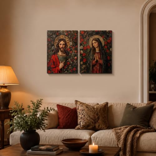 2 Pcs Framed Red Canvas Wall Art Virgin Mary Jesus Christian Decor 12x16 in 12x16 inch
