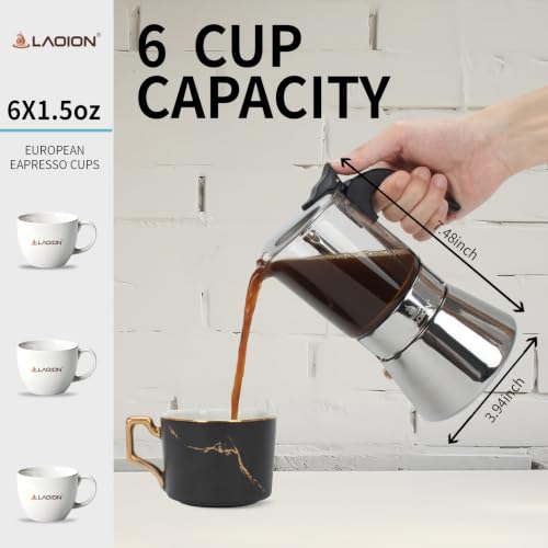 LAOION 6-cup silver stovetop espresso and Moka pot for Cuban coffee, 240ml capacity, made of durable metal.