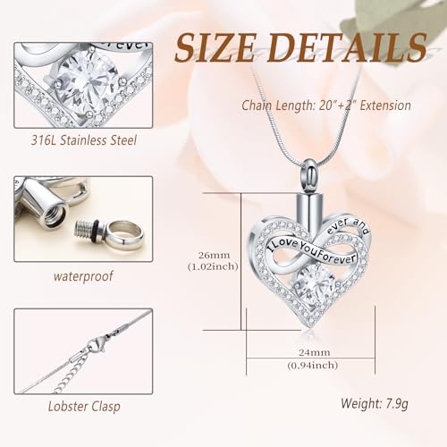 Minicremation Urn Necklace for Ashes Infinite Heart Urn Pendant I Love You Forever Cremation Pendant for Women Ashes Necklace Keepsake Memorial Ash Jewelry Silver-White