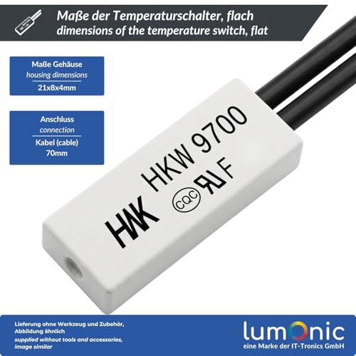 Lumonic HKW9700 Temperature Switch Flat | 40°C ± 4°C | NO | Max. AC 250V/5A | Max. DC 24V/8A | Cable 70mm | 21x8x4mm | Thermal Switch, Bi-Metal, KSD9700 | Motors, Power Supplies, Fan Heater Closing Contact