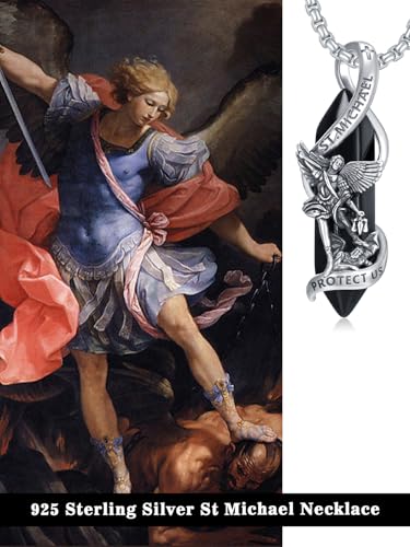 Seiyang Saint Necklace 925 Sterling Silver St Michael/St Christopher/St Jude/Saint Benedict/Knights Templ/Saint Patrick Pendant Necklace Amulet Protection Jewellery for Men Silver and black