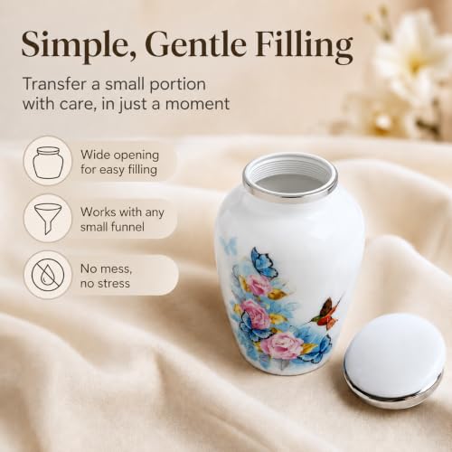 Small Keepsake Urn for Human Ashes - Floral Aluminum Mini Urn, Velvet Box