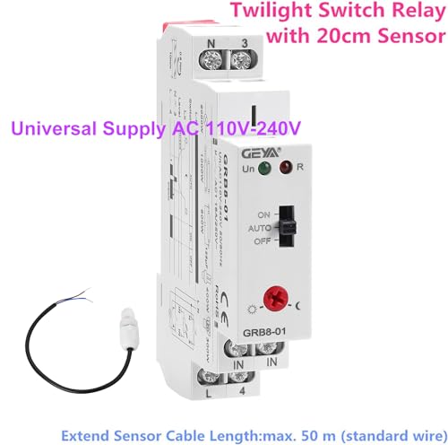 GEYA Twilight Switch Photoelectric Timer Light Sensor Relay Auto ON Off Din Rail(AC110V-240V) AC110V-240V Grb8-01
