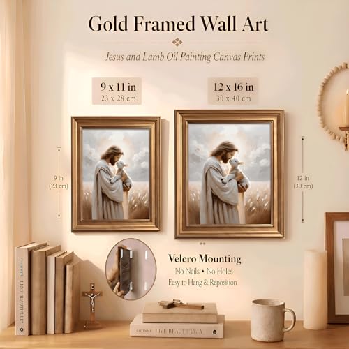 Jesus Christ Holding Lamb Wall Art, Vintage Gold Framed, 12x16 Inch Jesus sheep 16''Lx12''W-Framed