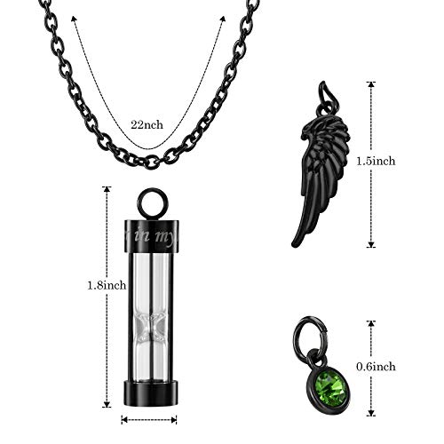 PREKIAR Cremation Urn Necklace for Ashes Timeless Hourglass Memorial Pendant Keepsake Jewelry for Human Pet Ashes with 12 Birthstone Angel Wing Black hourglass
