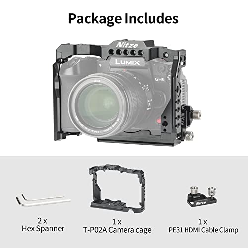 Nitze GH6 Cage for Panasonic GH6 Camera with HDMI Cable Clamp, Built-in NATO Rail and Arca Swiss QR Plate - T-P02B