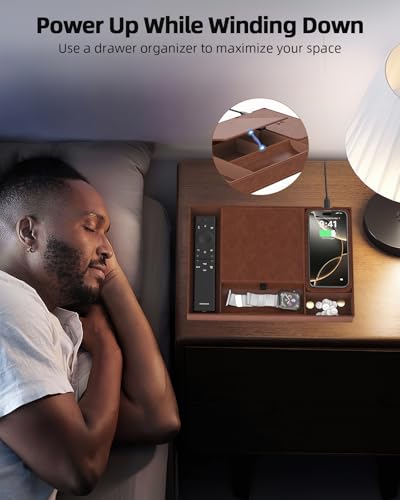 Leather Valet Tray with Wireless Charging Pad - Luxury EDC Nightstand Organizer for Men - Premium Desk Tray for Phone, Watch, Glasses & Keys - Sleek Office Desk Accessories & Gift for Him, Brown