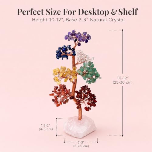 Natural 7 Chakra Crystal Money Tree with Raw Rose Quartz Base Multicolor