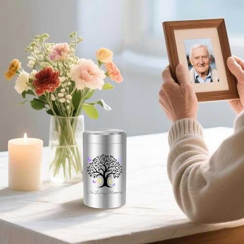 SOITIS Mini Urn for Human Ashes 3.54 Inch Small Urns for Human Ashes Keepsake Memorial Urn for Human Ashes Aluminum Keepsake Cremation Ashes Keepsake-Tree of Life with the Moon and Sun Silver-Tree