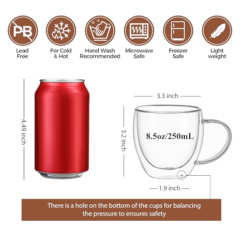CNGLASS 8.5oz Glass Coffee Mug,Double Wall Insulated Glass Mugs with Handle,Clear Espresso Mugs for Latte,Cappuccino,Tea Bag,Set of 4 8.5oz(4-pack)